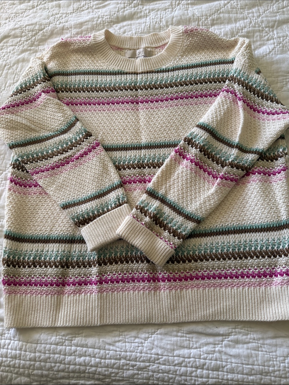 LOFT Cream Crewneck Sweater with Pink, Teal & Brown Stripes